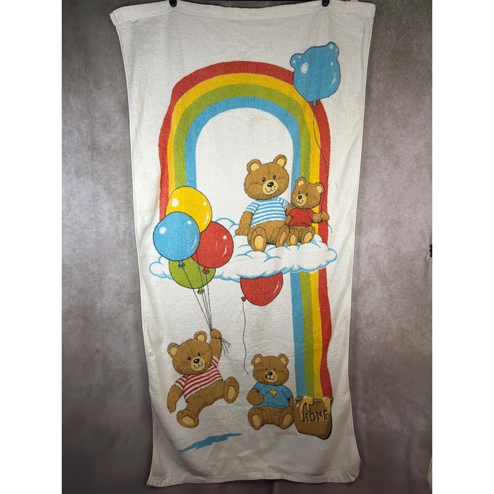 Vtg 80s Goals Beach/Bath Towel Toddletime Kids White Rainbow Teddy Bear Balloons